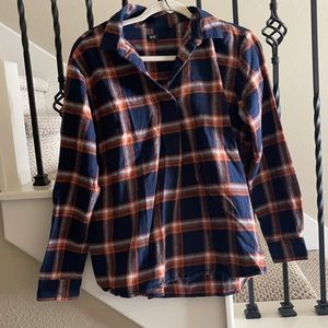 Uniqlo Sz M 100% Cotton Orange/Navy Pull Over Plaid Shirt